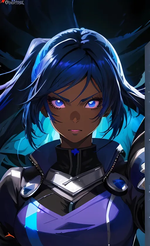 Prompt: Anime-style headshot of a dark-skinned female with glowing blue hair, smirking at the camera, detailed blue eyes, one large canine tooth over the lip, highres, UHD, HDR, 64k, cover art, hyper-detailed, RWBY, intense gaze, vibrant colors, anime, detailed facial features, professional lighting