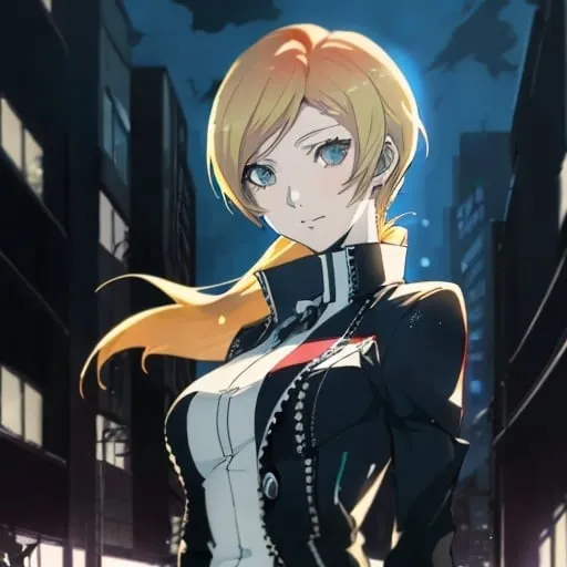 Prompt: Persona 3 Reload fan art of Mitsuru Kirijo, blonde hair, confident smirk, anime style, detailed eyes, high-quality, cool tones, intense lighting, urban background, Tartarus backdrop, stylish design, professional illustration