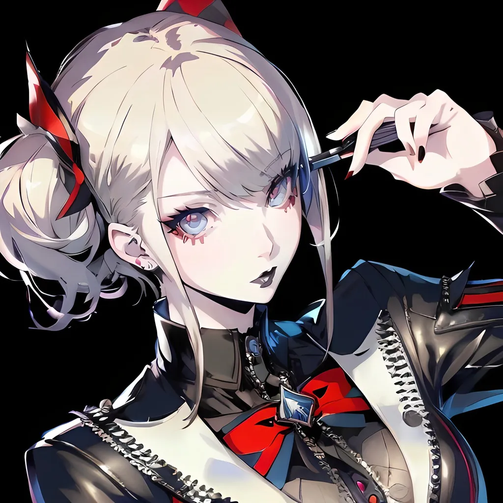 Prompt: persona 5, female character art, hyper detailed perfect face, pale skin, blonde hair, short, cute, goth, (((HDR)), ((UHD)), ((high res)), ((64k)), in style of Shigenori Soejima