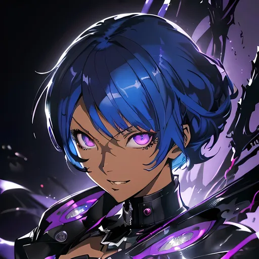 Prompt: persona 5, female character cover art, hyper detailed perfect face, (((HDR)), ((UHD)), ((high res)), ((64k)), in style of Shigenori Soejima, bright blue hair, glowing purple eyes, dark skin, smirk, abstract background, vibrant 