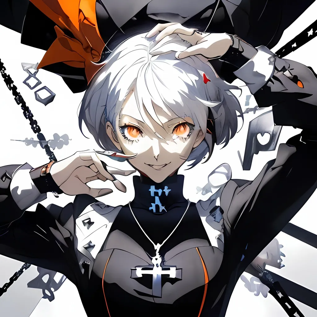 Prompt: persona 3, cover art, hyper detailed perfect face, (((HDR)), ((UHD)), ((high res)), ((64k)), in style of Shigenori Soejima, white hair, bright orange eyes, upside down cross necklace, evil smile
