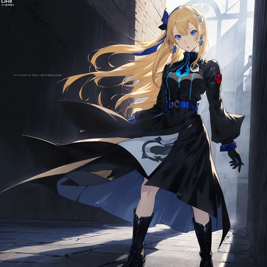 Prompt: persona 3, female character cover art, hyper detailed perfect face, (((HDR)), ((UHD)), ((high res)), ((64k)), in style of Shigenori Soejima, long blonde, blue eyes, pale complexation, black dress with knight logo, long black boots, Europe  