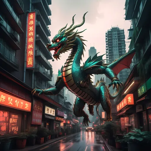 Prompt: A mechanical Chinese dragon flying through the urban forest which has rows of high-rise buildings with warm light emitted from their windows, many shops with neon signs hanging on the streets, the sky is gloomy, and the roads are busy with traffic, passerbys are amazed by the mechanical dragon. Cyberpunk style, a video.