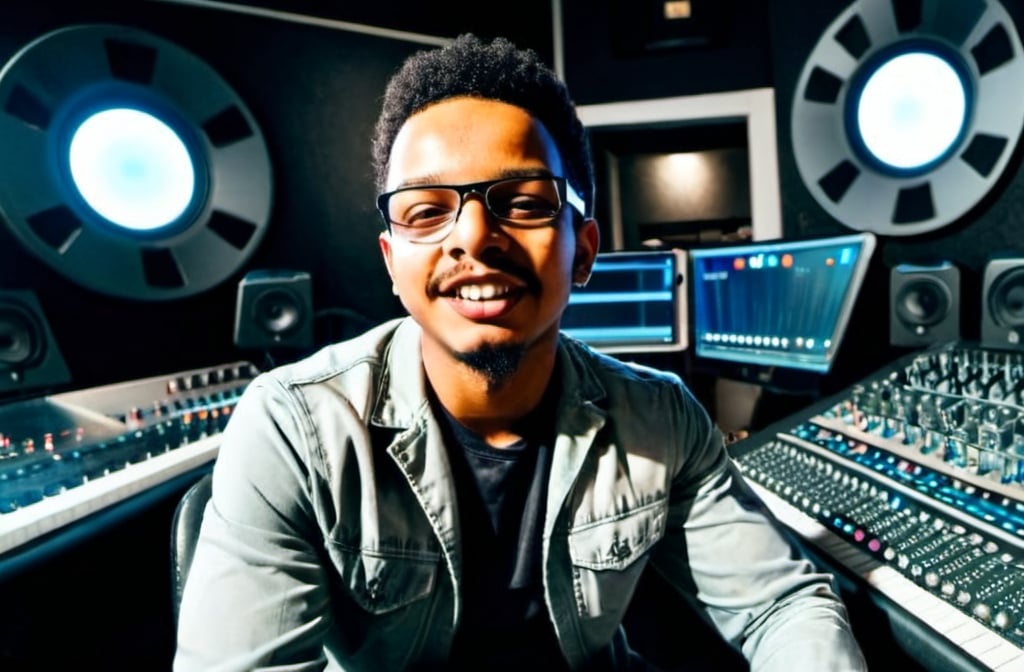 Prompt: Man sitting in an recording studio with futuristic equiptments