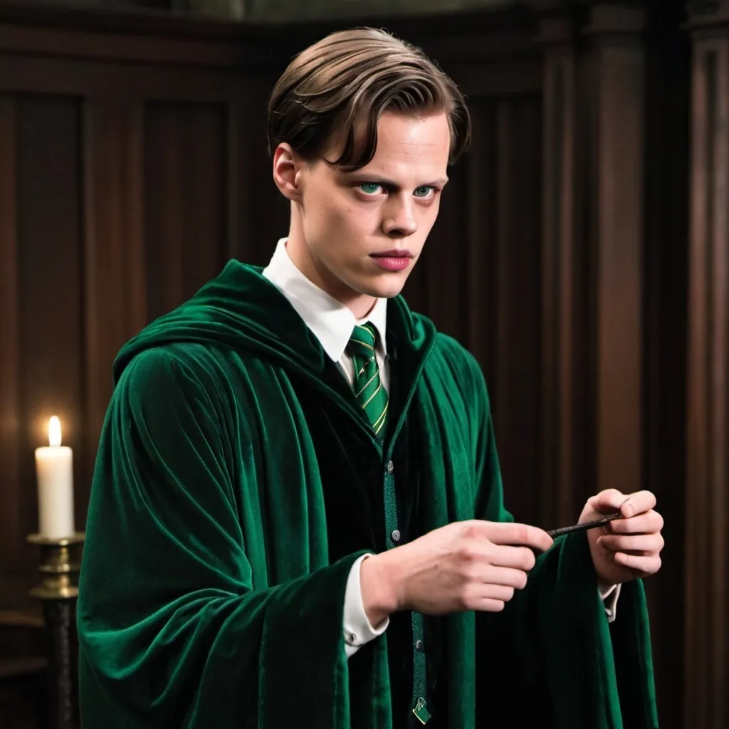 Prompt: Bill Skarsgard as a Slytherin getting ready to cast a dark spell.