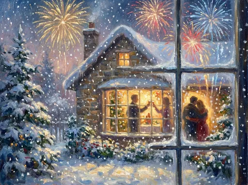 Prompt: Landscape, impressionist style
„A cozy New Year’s Eve scene viewed from outside a window, warm light spilling from a house where silhouettes of people gather, snow falling softly, fireworks reflected in the glass, feeling of connection, gratitude, and fresh starts, rich textures, soft focus, painterly impressionist style.”