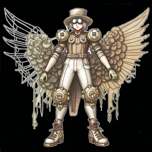 Prompt: A steampunk adventurer with intricate mechanical wings, clad in brass-accented leather armor, goggles resting on a weathered face, standing against a backdrop of gears, steam, and twilight skies. Detailed, dramatic lighting, Victorian-era influence, and rich metallic textures.