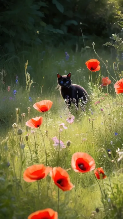Prompt: A serene field bursts with vibrant wildflowers, dominated by bright red poppies and delicate pink blooms, their soft colors blending harmoniously with lush green grass. Nestled within this floral paradise, a small black cat peeks out curiously, its glossy fur contrasting starkly against the surrounding foliage. Sunlight filters through the trees in the background, casting a warm glow that enhances the enchanting atmosphere. The entire scene feels dreamy and whimsical, evoking a sense of tranquility and playful intrigue, as if the viewer has stumbled upon a hidden moment in nature.