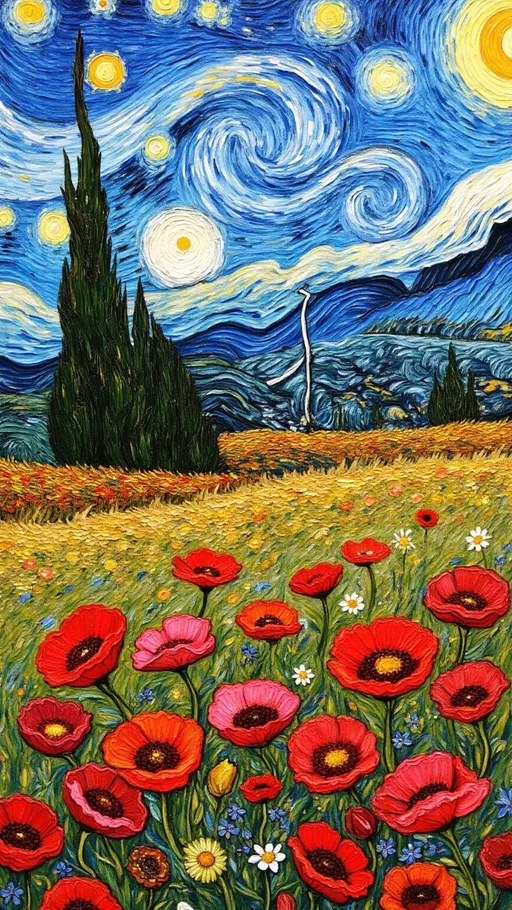 Prompt: An expressive, animated oil painting inspired by Van Gogh’s Starry Night, depicting a vibrant wildflower meadow beneath a swirling, starlit sky. The foreground bursts with bold red and pink poppies, dotted with white blooms, painted in thick, textured impasto strokes that bring the petals to life. These wildflowers fill the field, creating a vivid, layered tapestry that draws the viewer in.

Rolling hills stretch across the middle ground, their surfaces brushed in dynamic swirls of green and gold, interspersed with cypress trees that reach toward the sky. In the background, a luminous sky unfolds in bold curls of deep blue, yellow, and violet, suggesting a dramatic night infused with the warmth of a glowing, sun like orb.
The animation captures the essence of Van Gogh’s technique visible brushstrokes, swirling motion, and vibrant contrasts giving the landscape a dreamlike, emotional quality. The lighting is rich and moody, with dramatic shadows and radiant highlights that dance across the canvas. The scene evokes wonder, movement, and a deep connection to nature, combining a fantastical atmosphere with painterly texture and depth.