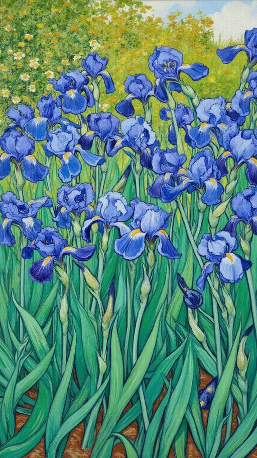 Prompt: An animated oil painting in the expressive, impasto style of Vincent van Gogh brings to life a vibrant garden filled with blooming irises. The composition is richly packed with tall, elegant flowers in varied shades of blue and purple, clustered densely across the canvas in a flowing, natural arrangement. The irises overlap and lean gently in different directions, guiding the viewer’s gaze organically through the scene.
Lush green foliage surrounds the blooms, providing contrast and depth, while the thick, visible brushstrokes capture the tactile quality of each petal and leaf. Each iris has its own form and expression—some are open and reaching skyward, while others remain curled in subtle repose creating a garden full of quiet motion and personality.
The impasto technique gives the animation a textured, painterly effect, with bold, swirling strokes of saturated blues, purples, and vibrant greens. Natural daylight illuminates the scene, casting soft shadows and enhancing the warmth and serenity of the setting.
The atmosphere is calm and full of life, inviting the viewer into a moment of quiet observation, where nature pulses with Van Gogh’s signature energy and emotion.