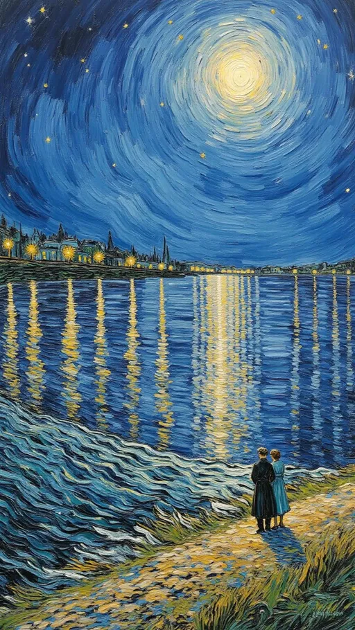 Prompt: An animated oil painting in the expressive, swirling style of Vincent van Gogh captures a serene night along a riverbank. The composition features a wide, horizontal river that mirrors a brilliant, star-filled sky. Two small figures stand near the shoreline in the lower right, their forms subtly detailed and dwarfed by the vast, luminous landscape around them.
The scene is rich with dynamic brushstrokes thick, impasto swirls of deep blues, vivid yellows, and soft greens convey the movement of the water and the twinkling of stars. The river shimmers under the starlight, echoing the sky’s energy and texture. A distant town glows faintly across the water, adding depth and warmth to the backdrop.
The figures wear period-style coats and skirts, rendered simply to emphasize their contemplative stillness amidst the vibrant motion of the environment. The emotional tone is quiet and introspective, celebrating nature’s beauty and immensity through color and form.
The animation evokes a sense of calm wonder, bringing Van Gogh’s Post-Impressionist vision to life with expressive texture, dramatic contrasts, and flowing, painterly motion.