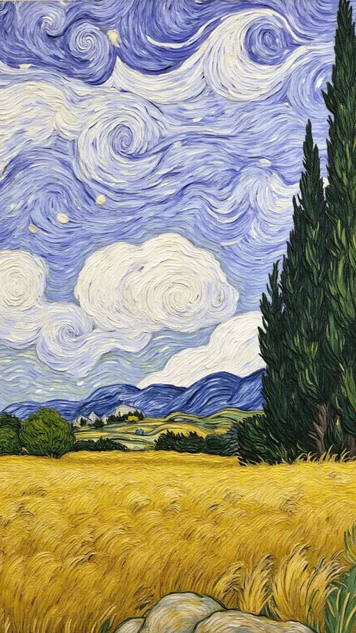 Prompt: An expressive animated oil painting in the style of Vincent Van Gogh Wheatfield with Cypresses, featuring a sweeping rural landscape filled with golden wheat fields under a dramatic, swirling sky. The scene captures a wide, panoramic view: in the foreground, textured wheat painted with bold strokes of yellow, ochre, and gold ripples across the land. Mid-ground clusters of shrubs and trees emerge, while tall, dark cypress trees dominate the right side, their twisting forms reaching toward the heavens.
The sky is alive with movement of clouds swirl in shades of lavender, gray, and soft white, layered with thick impasto brushstrokes that suggest wind and motion. The dynamic contrast between the glowing field and the brooding sky evokes a sense of energy and emotional depth.
Rendered in thick oil textures and visible brushwork, the animation breathes with Van Gogh’s signature intensity vibrant colors, emotional force, and rhythmic strokes convey the pulse of nature. The atmosphere is rich and contemplative, filled with both drama and serenity, set in a midday rural scene .