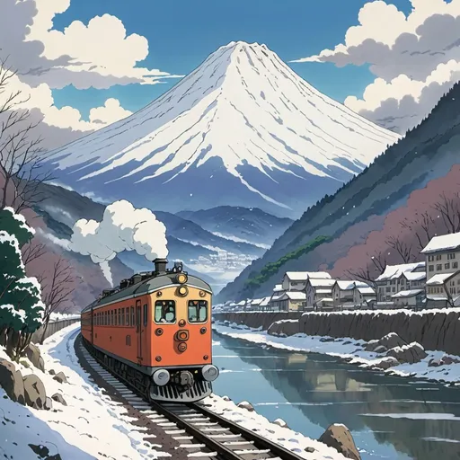Prompt: 2d studio Ghibli anime style, a train moves slowly toward the viewer along the riverbank, Snow-covered mountains rise in the background beneath a gentle, overcast sky., anime scene