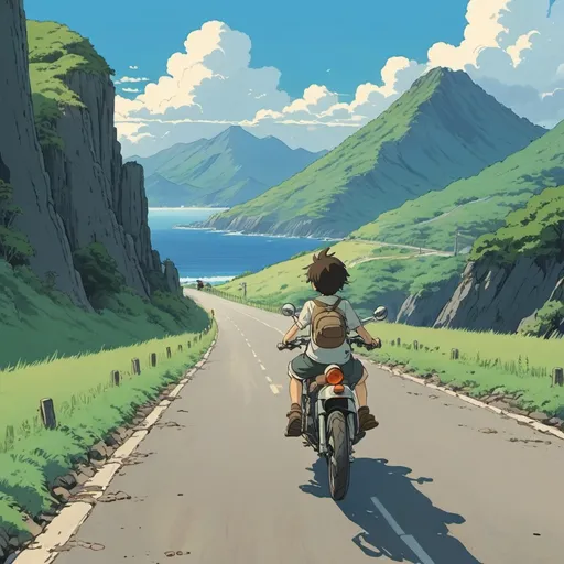 Prompt: 2d studio ghibli anime style, boy on motorcycle, along a long road, one side mountain and the other side sea, anime scene