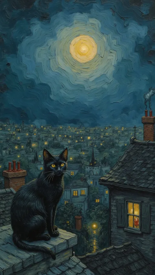 Prompt: A high-angle nighttime cityscape in a European-style town, under a glowing full moon. A black cat sits calmly on a rooftop, its body slightly turned, bright orange eyes gazing at the viewer. Soft city lights flicker below, casting a warm contrast against the cool tones of the night deep blues, grays, and blacks. Steam rises gently from chimneys. The mood is serene and mysterious, with a dark fantasy tone and subtle, hand-painted textures.