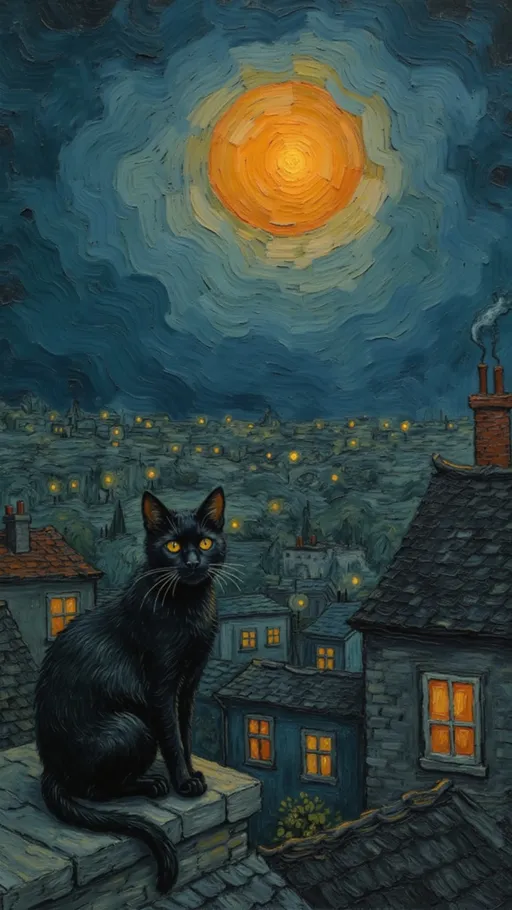 Prompt: A high-angle nighttime cityscape in a European-style town, under a glowing orange full moon. A dark black cat sits calmly on a rooftop, its body slightly turned, bright orange eyes gazing at the viewer. Soft city lights flicker below, casting a warm contrast against the cool tones of the night deep blues, grays, and blacks. Steam rises gently from chimneys. The mood is serene and mysterious, with a dark fantasy tone and subtle, hand-painted textures.