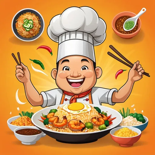 Prompt: Create a vibrant and cheerful album cover for a song titled 'Nasi Goreng Ceria'. The background should be bright yellow with orange accents. In the center, depict a delicious plate of nasi goreng with scrambled eggs, pieces of chicken or shrimp, and colorful vegetables like carrots and peas. Surround the plate with images of garlic, shallots, bottles of sweet soy sauce and salty soy sauce, and a sprinkle of salt and pepper. Include a cartoonish, happy chef character with a large chef's hat, smiling and stirring the nasi goreng in a wok with flames underneath. Add some dancing vegetables like carrots and chilies with joyful faces around the plate. Use a fun and playful font for the title 'Nasi Goreng Ceria' at the top and place the artist's name at the bottom in a smaller yet clear size.