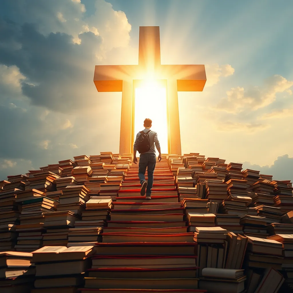 Prompt: <mymodel> a young man walking up a hill made of books towards a cross-shaped-doorway with eternal light of heaven shining through