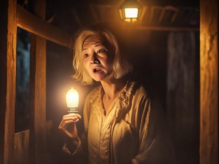 Prompt: blonde middle age lady with round face inside an old wooden house in the night holding a lamp and  watching behind her while some screaming ghosts surronding her
