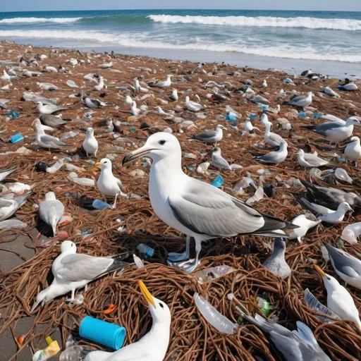 Prompt: sea ​​contaminated with plastic waste and seabirds searching for food among the waste