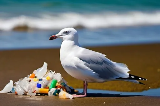 Prompt: sea ​​contaminated with a lot of plastic waste and one skinny seagull searching for food among the waste