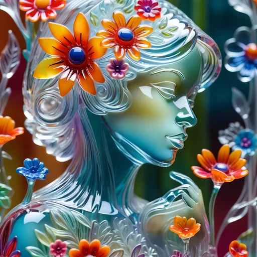 Prompt: A detailed and vibrant transparent glass sculpture of a woman with flowers, intricate details, surreal, colorful background