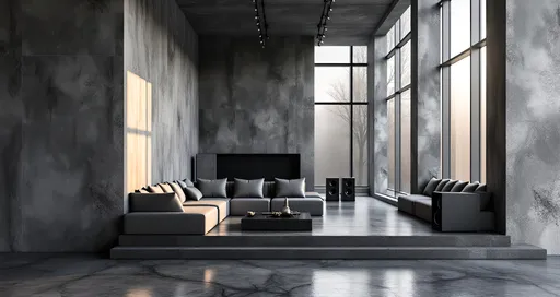 Prompt: A brutalism industrial dark concrete floors, concrete walls, and concrete ceiling, living room with high ceilings and a large tall windows on the right side shining light into the room. Couches surround the room. Tall black speakers provide audio in the room.