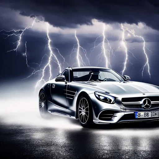 Prompt: A mercedes benz with lightning in the background