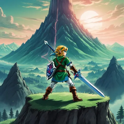 Prompt: Link from legend of Zelda holding master sword in scenery of mountain behind it ready to slash Ganon but draw using Jojo bizzare adventure drawing style