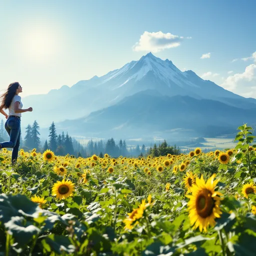 Prompt: A girl running in the ground which is filled with green grass mountain is beside this in the morning and there is a field of sunflower is there and girl wear jeans top and ground is flat and there is sun