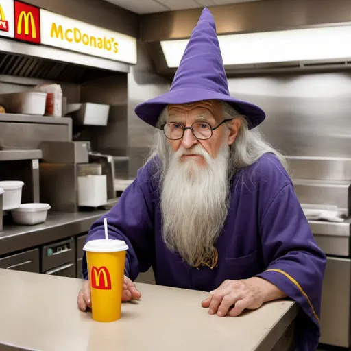 Prompt: old wizard working at mcdonalds kitchen, realistic