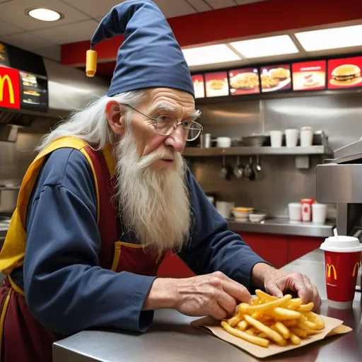 Prompt: old wizard working at mcdonalds kitchen, realistic