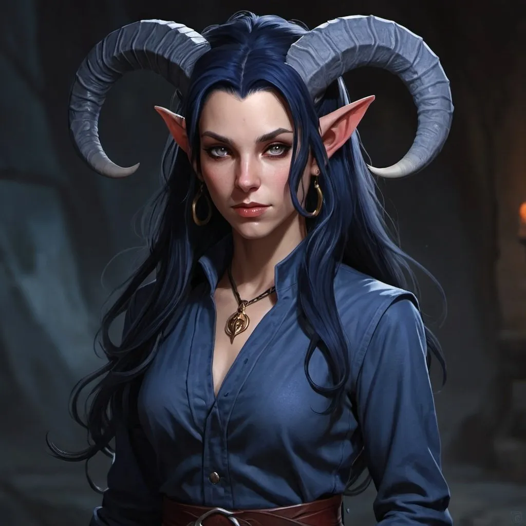 Prompt: Tiefling female distant long dark blue hair.