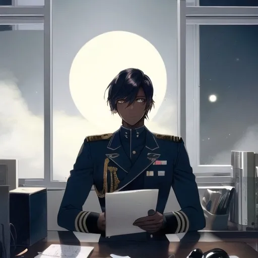 Prompt: a young man in a commander uniform 
dark skinned in an office sitting at his desk with the moon outside the window