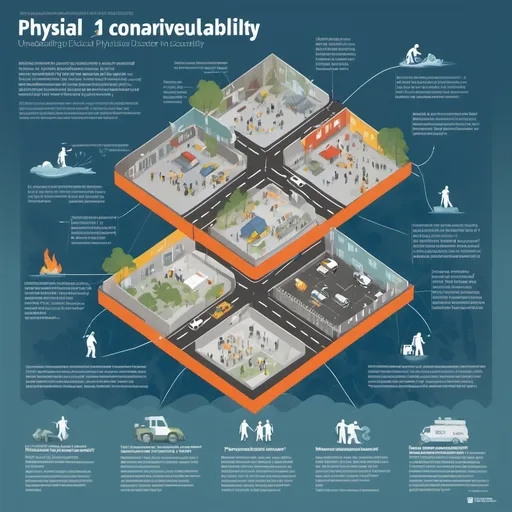 Prompt: ### **Infographic Layout for Physical Vulnerability**

#### **Title**:  
**Understanding Physical Vulnerability in Disaster Contexts**

---

### **Section 1: Definition**
**Physical Vulnerability**  
- Difficulty accessing essential resources:  
  - Water  
  - Communication  
  - Hospitals  
  - Police stations  
  - Fire brigades  
  - Roads, bridges, and exits  
- Poor construction planning leads to weak structures prone to disasters.

**Visual Idea**: Use an icon cluster of buildings, roads, and bridges with hazard symbols (flood, earthquake, fire).

---

### **Section 2: Key Factors Contributing to Physical Vulnerability**
1. **Population Density**  
   - Crowded areas = higher risk.
2. **Location and Remoteness**  
   - Rural or remote areas struggle with disaster response.  
3. **Site and Infrastructure Design**  
   - Poorly built homes and facilities increase vulnerability.
4. **Proximity to Disaster Sources**  
   - Coastal areas, fault lines, or unstable hills are high-risk zones.

**Visual Idea**: Use a map highlighting a coastal area, fault line, and hilly terrain with icons to represent risks.

---

### **Section 3: Examples of Vulnerable Areas**
- Coastal regions → Tsunamis & storms  
- Fault lines → Earthquakes  
- Unstable hills → Landslides  

**Visual Idea**: A segmented illustration showing each type of area with relevant disaster icons.

---

### **Section 4: Takeaway**
- Strengthening infrastructure and improving urban planning reduce physical vulnerability.  
- Awareness and preparedness are crucial.

**Visual Idea**: A checklist icon with action points, paired with a strong message like *"Prepare. Plan. Protect."*

---

This layout breaks down the concept into visually digestible sections while maintaining a clean and informative design.