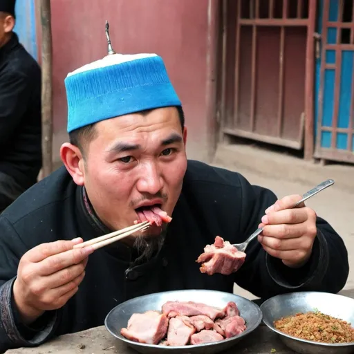 Prompt: A Uyghur eating pork