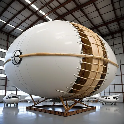 Prompt: The spherical airship is an innovative aircraft designed for aerial transportation. Its main structure is made of bamboo laminated with epoxy, providing strength, lightness, and flexibility. Externally, the airship has a smooth and aerodynamic appearance, with a sturdy coating for protection against adverse weather conditions. At the bottom are located the engines and other equipment necessary for propulsion and control of the aircraft. In the center of the sphere is the cockpit, equipped with flight control, navigation, and communication systems to ensure safe operations.
The cargo is evenly distributed throughout the bottom of the airship, allowing for a low center of gravity and stability during flight. In summary, the spherical airship represents a futuristic vision of air transportation, combining functionality, efficiency, and aesthetics.