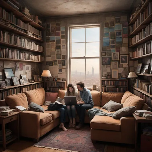 Prompt: In their quiet apartment, Michael and Anna sat entwined on the couch, each with a laptop resting on their knees. The room was littered with books and papers, the walls adorned with Lila’s digital art that questioned reality and perception. Their journey into self-awareness had led them to the dusty corridors of history, searching for parallels that could anchor their growing suspicion in a sea of simulation theory