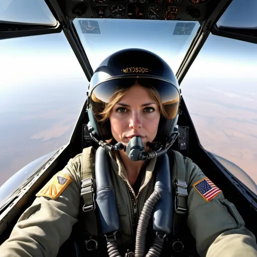 Prompt: A photorealistic image of an F-18 Hornet cockpit, bathed in the warm glow of instrument lights. The pilot, a woman in her late 30s with a determined expression, sits firmly in the ejection seat. Her helmet visor reflects the instrument panels, displaying vital flight information and a heads-up display projecting onto the windscreen. Her gloved hands rest on the control stick and throttle, poised for action.

Behind the pilot's seat, the canopy reveals a breathtaking view. Wispy clouds stretch across a clear blue sky, and the vast expanse of the earth curves away in the distance. Perhaps the image captures a glimpse of another F-18 wingman flying in formation nearby.

This image conveys the focus, skill, and awe-inspiring view a pilot experiences while flying this powerful aircraft.