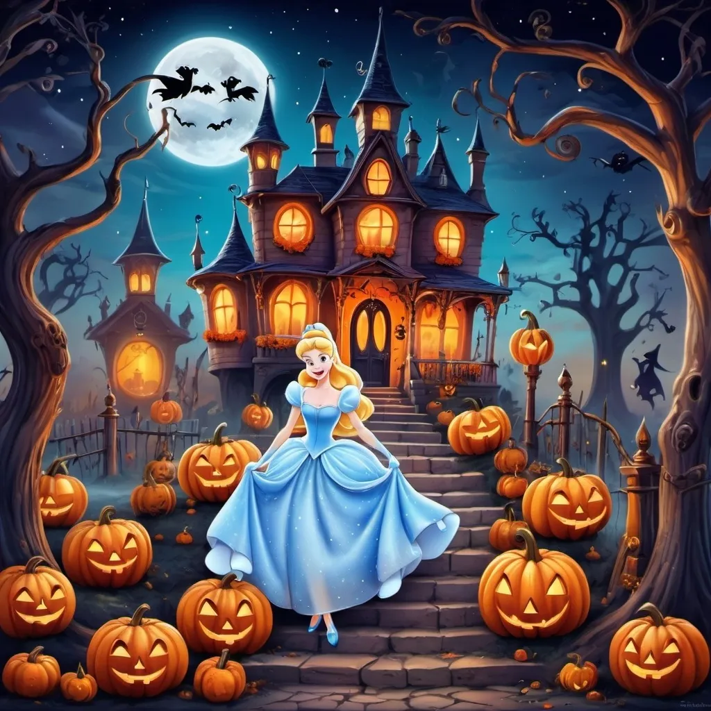 Prompt: Cinderella cartoon at halloween