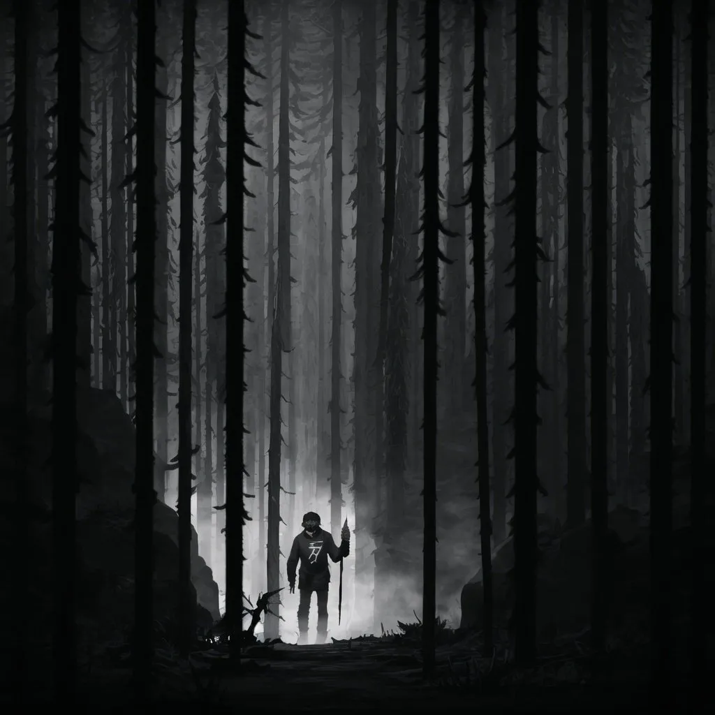 Prompt: A boy that is 17 with black hair done in a middle part walking in a dark forest with his gray hoodie torn and has dust spots all over it, his face is covered by the shadows and he is holding a makeshift spear made of wood and the tip is made of metal 