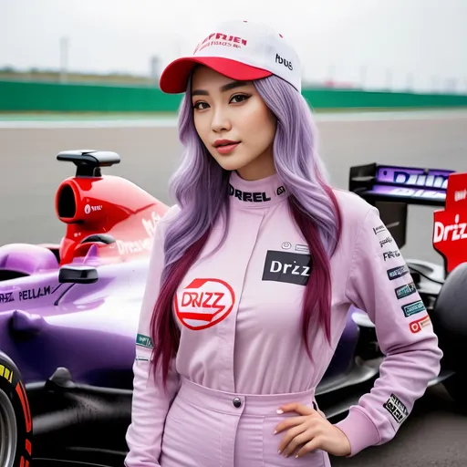 Prompt: a realistic photo of a beautiful sultry woman, wi medium light purple hair, standing in front of a formula one car, wearing a cap that has a text "DRIZZ" on it and the text has a little dripping effect and the cap is pastel red, cap is pastel red in color, she is half Asian, light frekles on face, wearing slightly revealing clothes, holding a coffee, hyperrealism, 