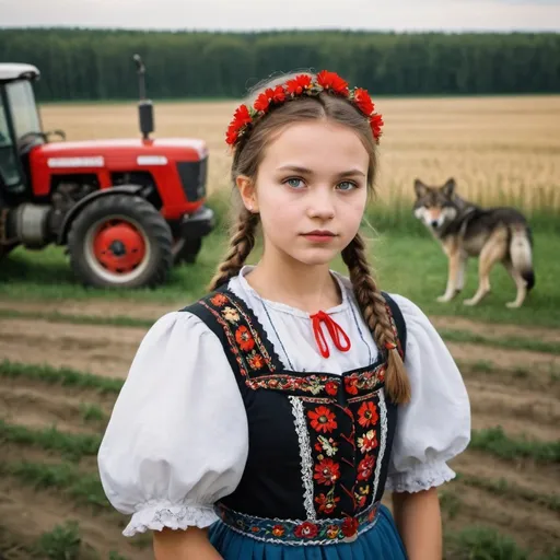 Prompt: portrait of a girl in Polish folk costume. stands in a farm field. wolves and tractors all around


