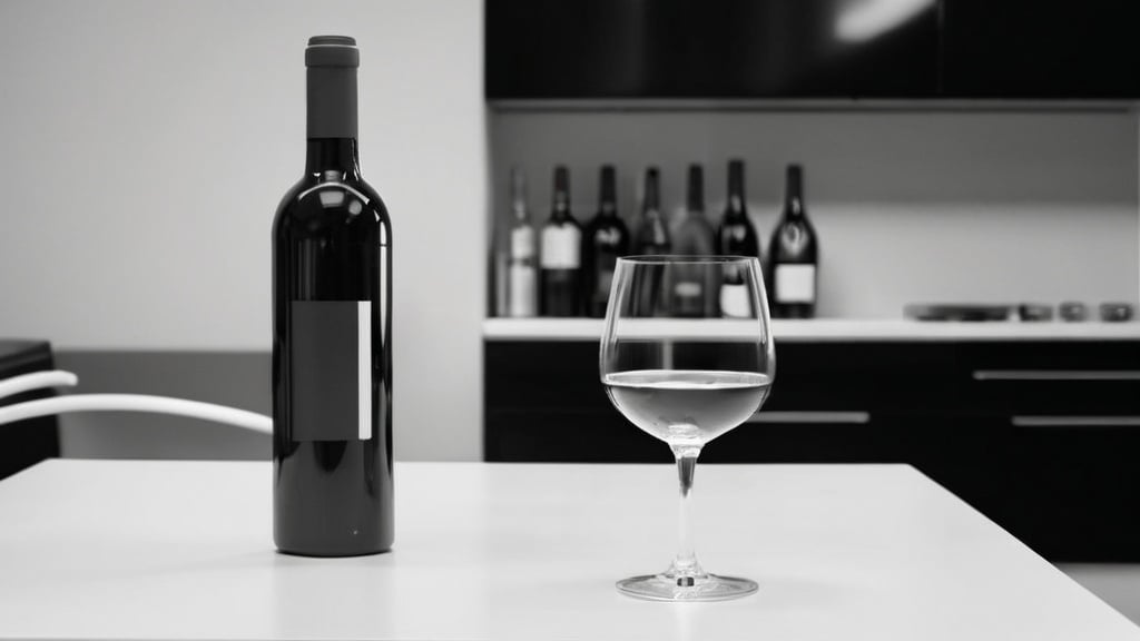 Prompt: Image in black and white of a elegant departament with a cup of wine in a table