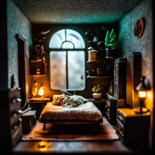 Prompt: Obscure bedroom in liminal space, miniature diorama macro photography, modern retro, big window, detailed furniture, vintage decor, high quality, intricate details, miniature diorama, macro photography, liminal space, modern retro, obscure setting, big window, vintage decor, atmospheric lighting