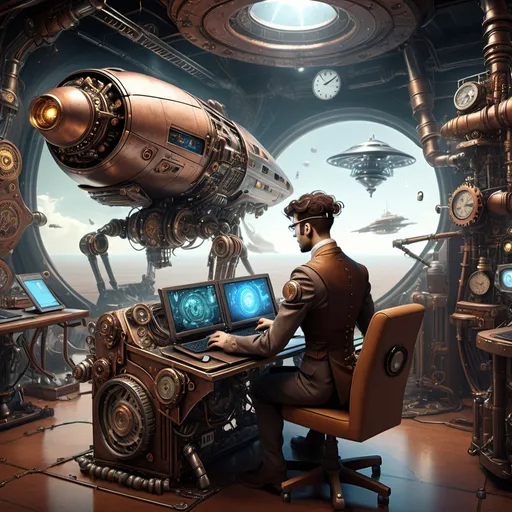 Prompt: A steampunk PC creating a cyborg, HUman and machine parts around and in the background a spaceship landing.