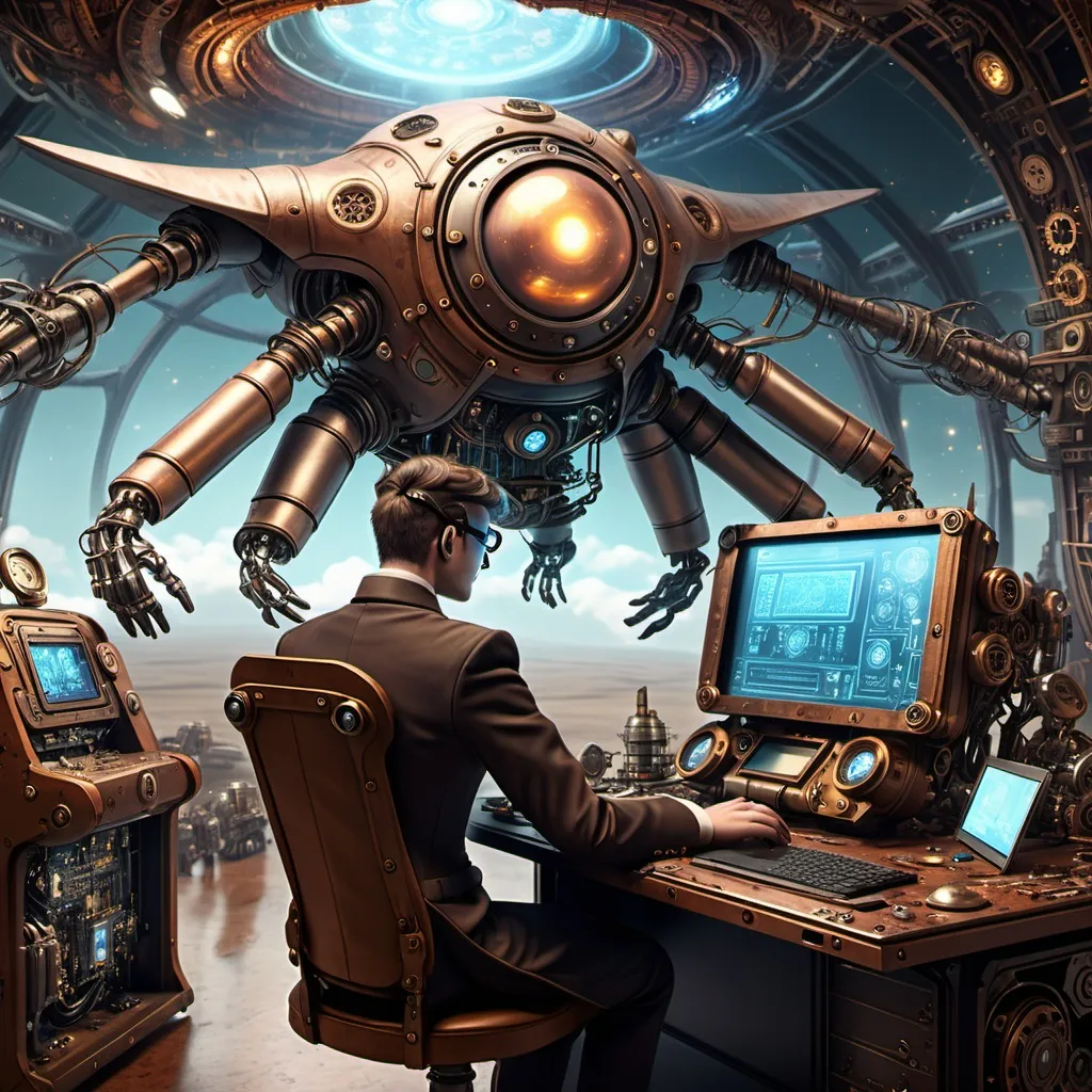 Prompt: A steampunk PC creating a cyborg, HUman and machine parts around and in the background a spaceship landing.