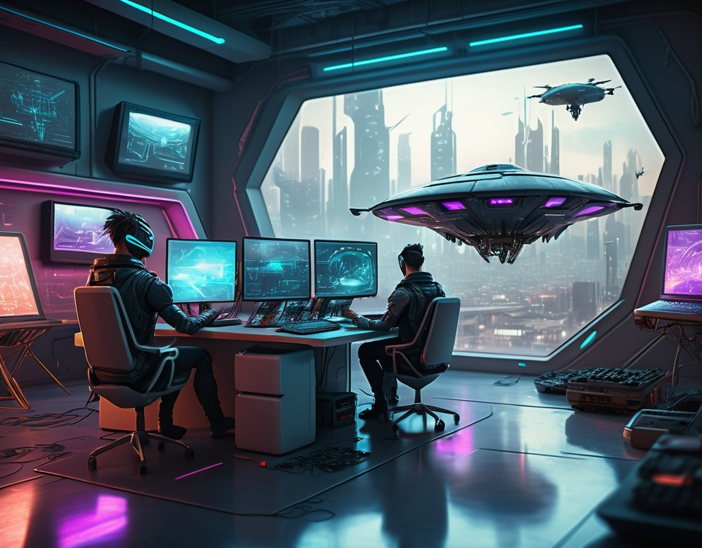 Prompt: cyberpunk computer creating futuristic spaceship and drones, Humans applausee in the background everywhere