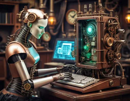 Prompt: Steampunk computer creating futuristic android, human and machineparts are in the background everywhere