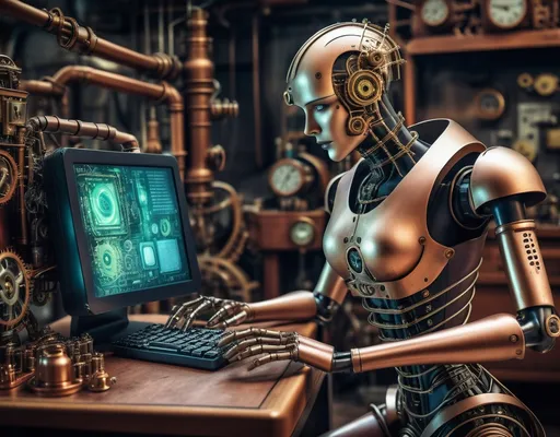 Prompt: Steampunk computer creating futuristic android, human and machineparts are in the background everywhere